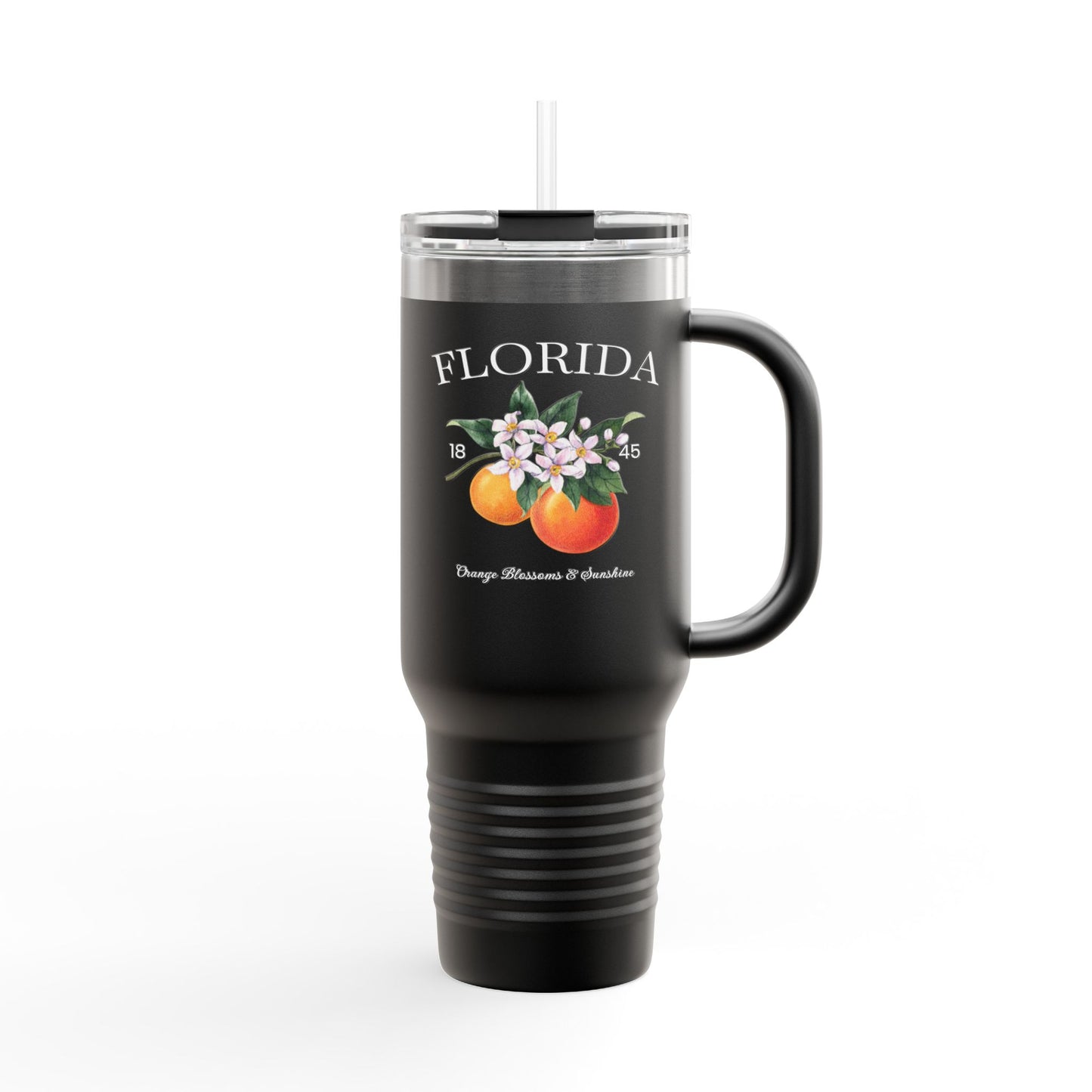 Florida Orange Blossom Stainless Steel Tumbler with Handle – 40oz Travel Mug with Straw