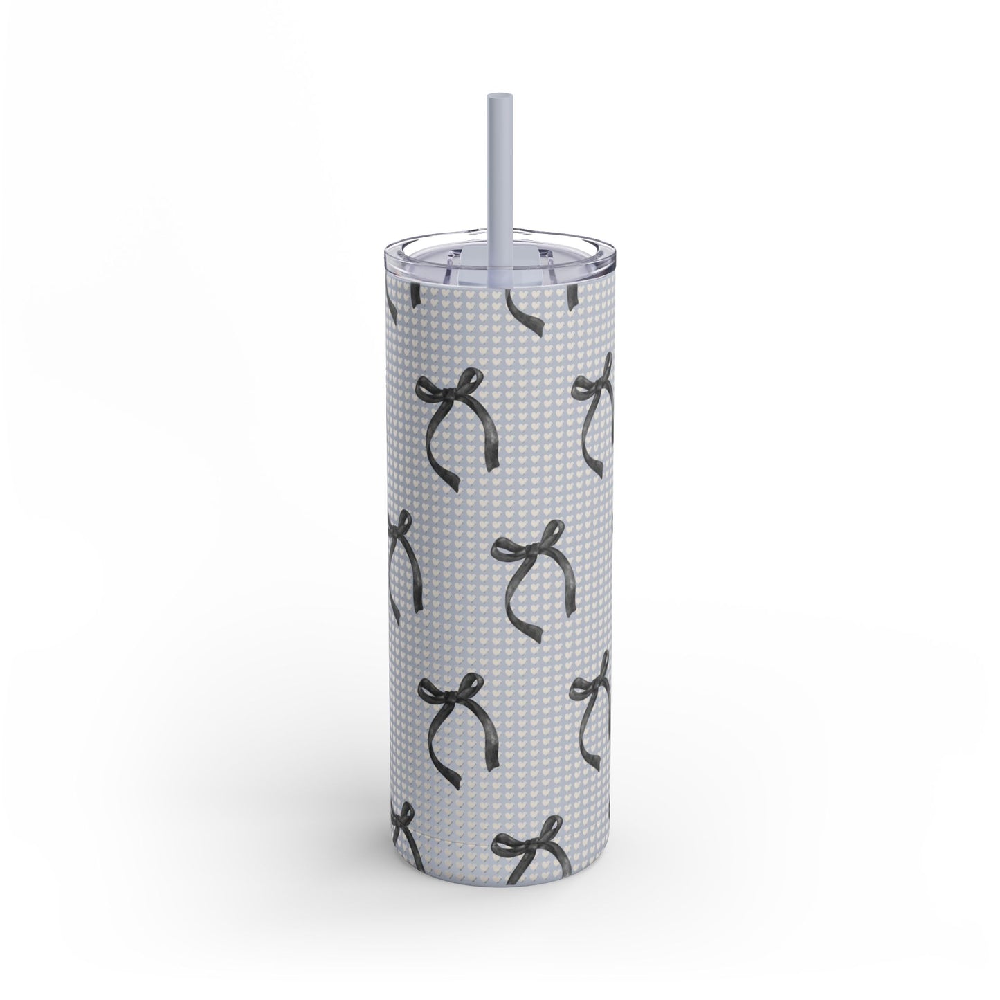 Matte Skinny Tumbler – White Hearts & Black Bows | Insulated 20oz Stainless Steel Cup with Straw