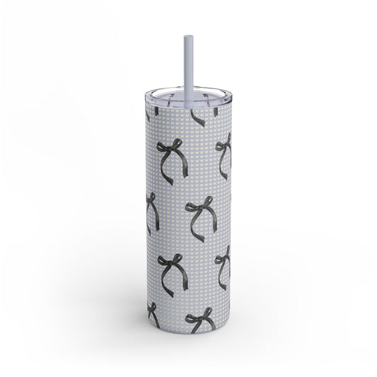 Matte Skinny Tumbler – White Hearts & Black Bows | Insulated 20oz Stainless Steel Cup with Straw