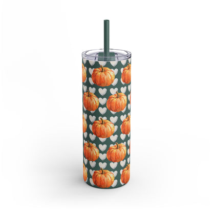Coquette Pumpkin 20oz Skinny Matte Tumbler – White Hearts Design, Cute & Chic
