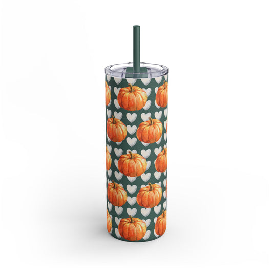 Coquette Pumpkin 20oz Skinny Matte Tumbler – White Hearts Design, Cute & Chic