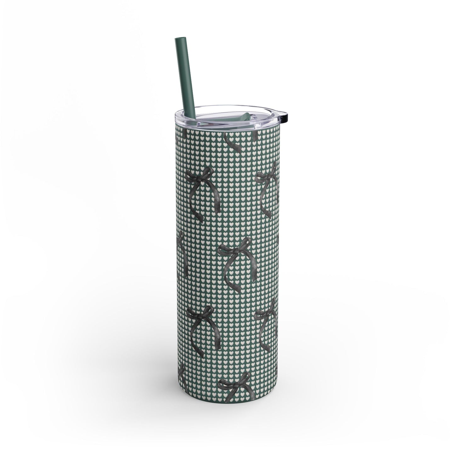 Matte Skinny Tumbler – White Hearts & Black Bows | Insulated 20oz Stainless Steel Cup with Straw