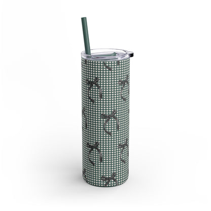 Matte Skinny Tumbler – White Hearts & Black Bows | Insulated 20oz Stainless Steel Cup with Straw