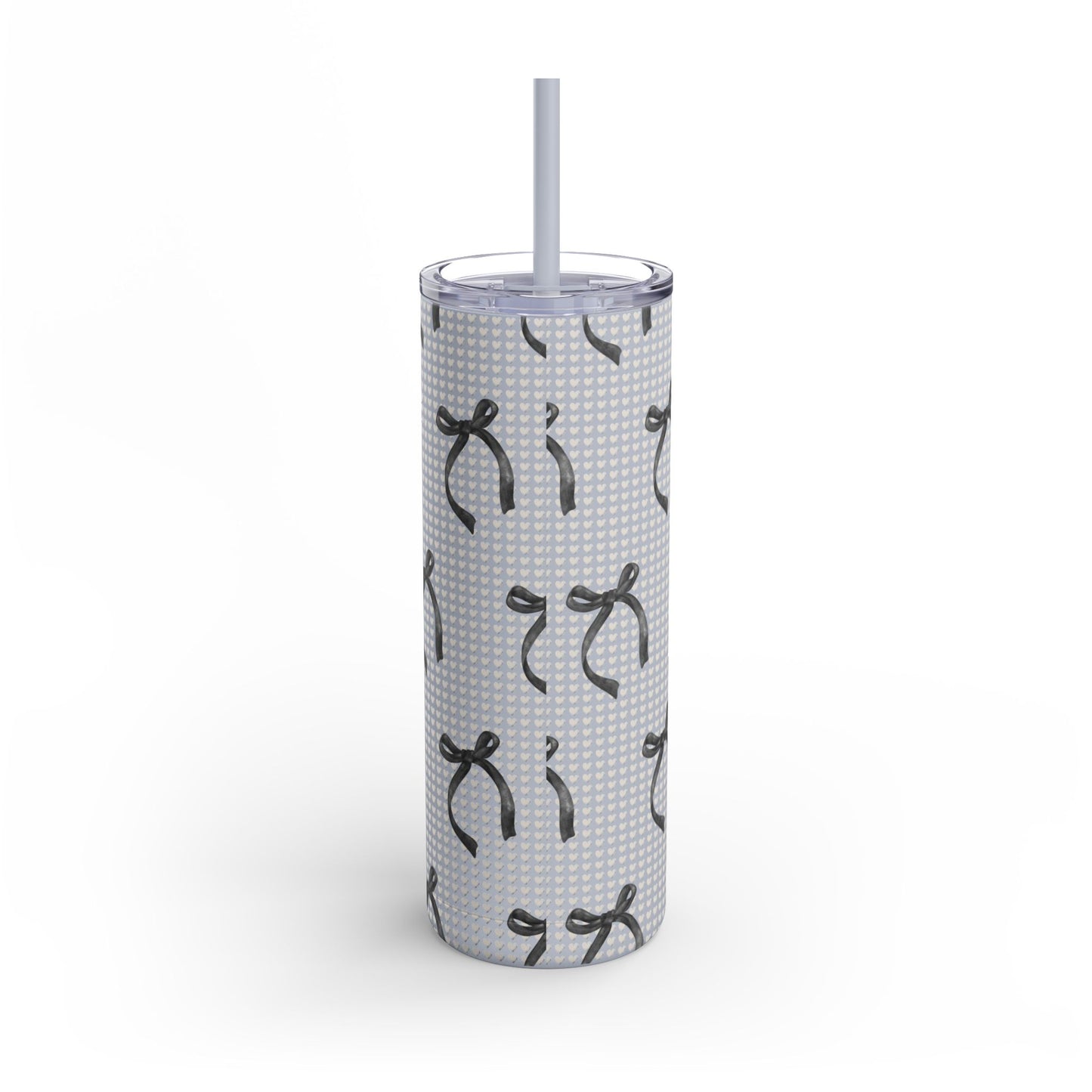 Matte Skinny Tumbler – White Hearts & Black Bows | Insulated 20oz Stainless Steel Cup with Straw