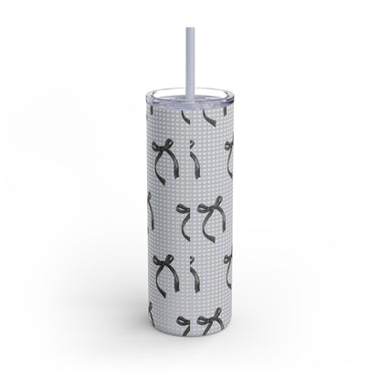 Matte Skinny Tumbler – White Hearts & Black Bows | Insulated 20oz Stainless Steel Cup with Straw