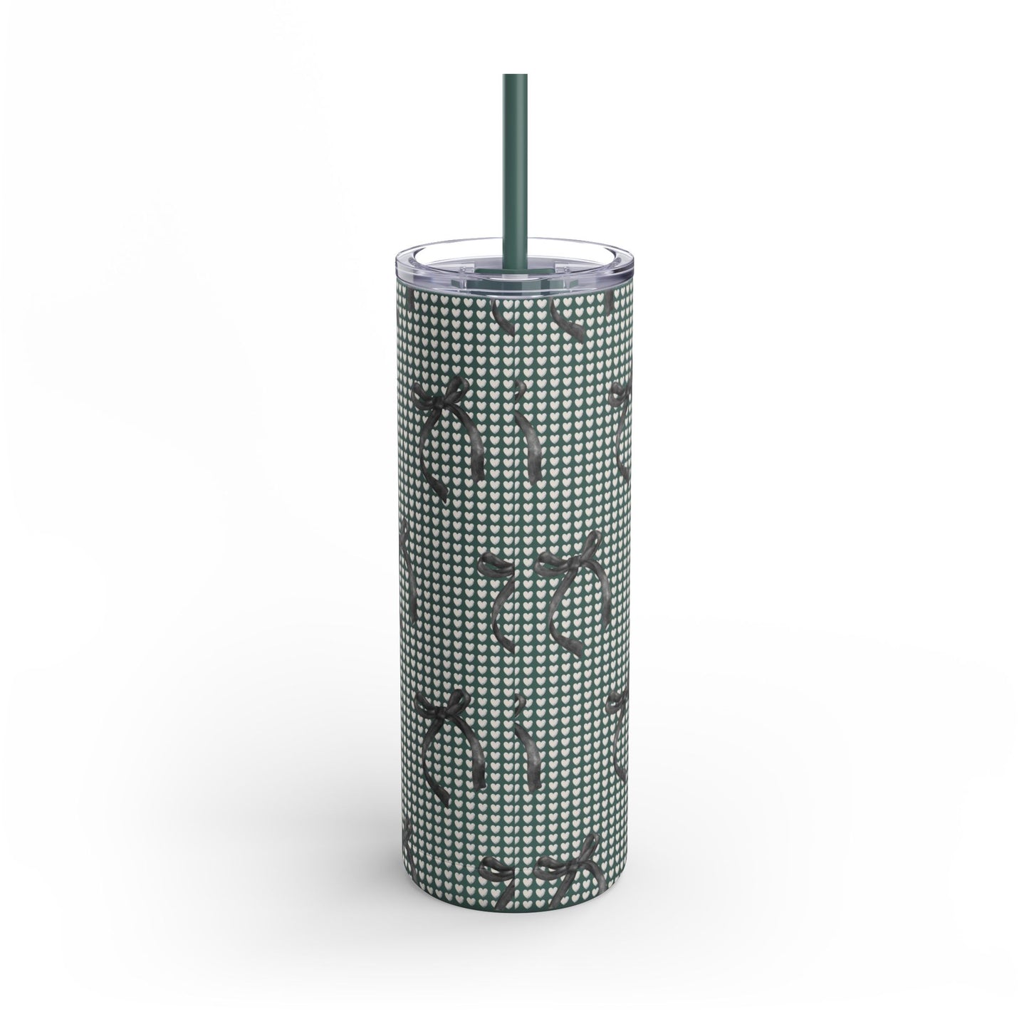 Matte Skinny Tumbler – White Hearts & Black Bows | Insulated 20oz Stainless Steel Cup with Straw