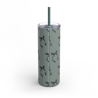 Matte Skinny Tumbler – White Hearts & Black Bows | Insulated 20oz Stainless Steel Cup with Straw