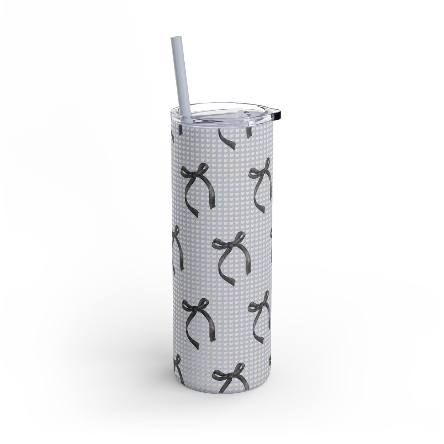 Matte Skinny Tumbler – White Hearts & Black Bows | Insulated 20oz Stainless Steel Cup with Straw