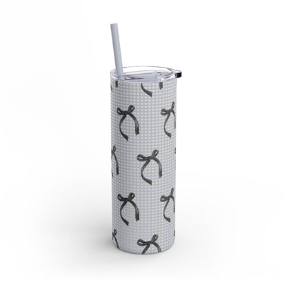 Matte Skinny Tumbler – White Hearts & Black Bows | Insulated 20oz Stainless Steel Cup with Straw