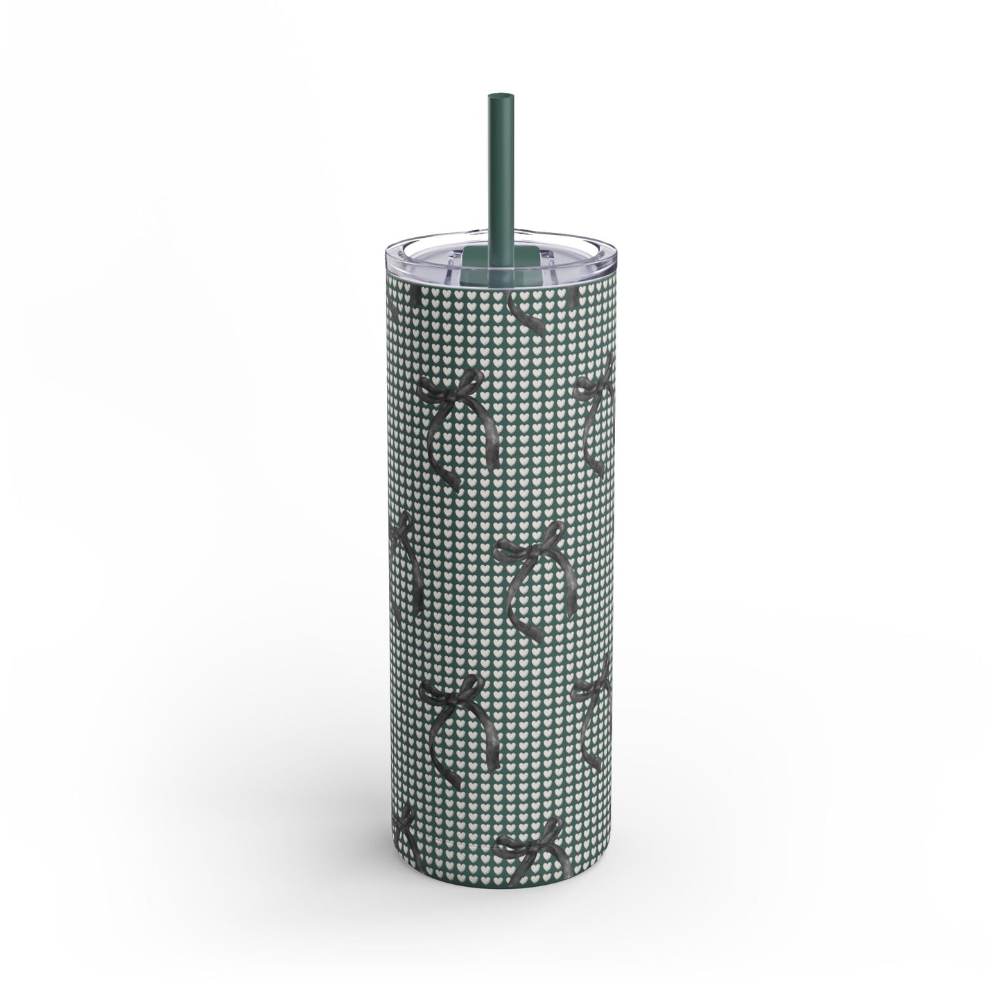 Matte Skinny Tumbler – White Hearts & Black Bows | Insulated 20oz Stainless Steel Cup with Straw