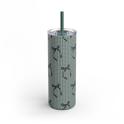Matte Skinny Tumbler – White Hearts & Black Bows | Insulated 20oz Stainless Steel Cup with Straw