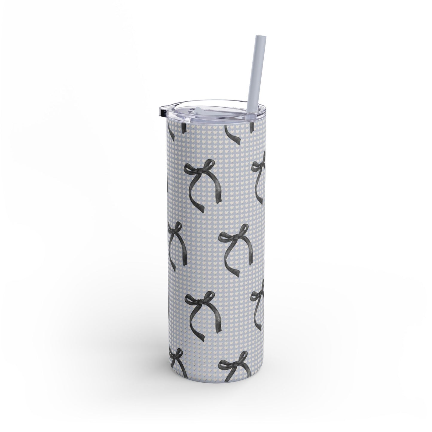 Matte Skinny Tumbler – White Hearts & Black Bows | Insulated 20oz Stainless Steel Cup with Straw