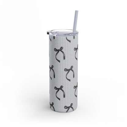 Matte Skinny Tumbler – White Hearts & Black Bows | Insulated 20oz Stainless Steel Cup with Straw