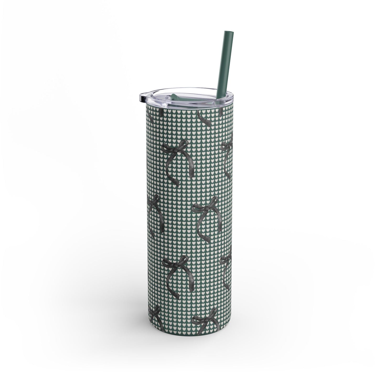 Matte Skinny Tumbler – White Hearts & Black Bows | Insulated 20oz Stainless Steel Cup with Straw