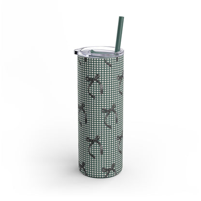 Matte Skinny Tumbler – White Hearts & Black Bows | Insulated 20oz Stainless Steel Cup with Straw