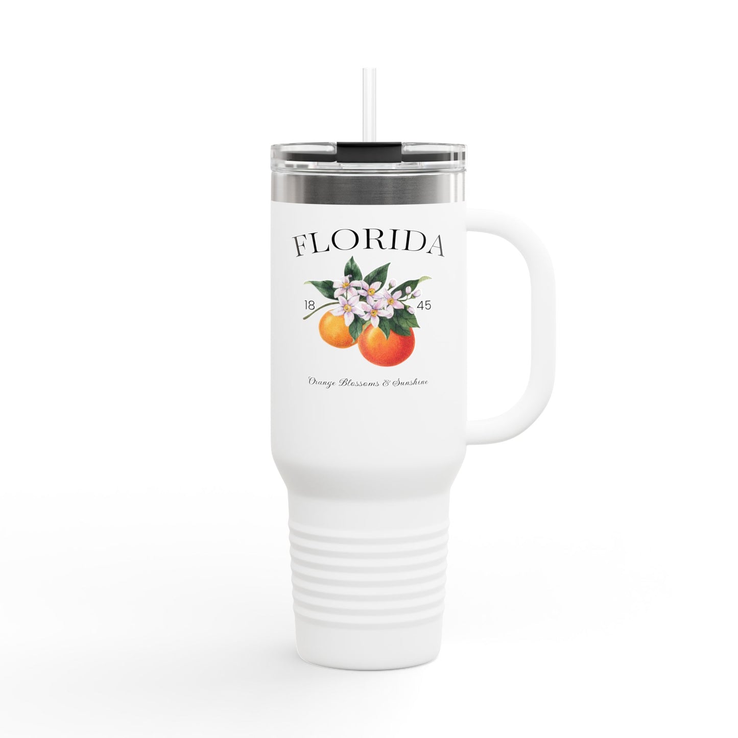 Florida Orange Blossom Stainless Steel Tumbler with Handle – 40oz Travel Mug with Straw