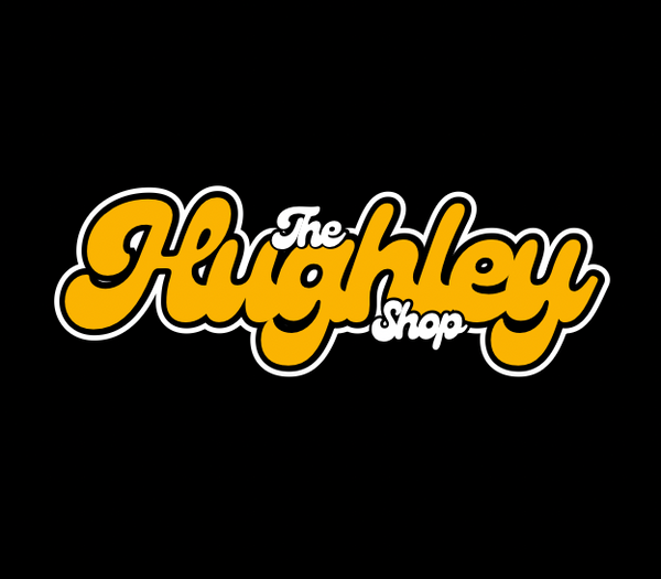 Logo of 'The Hughley Shop' with yellow text on a black background
